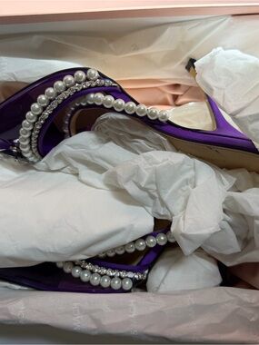 MACH & MACH Purple Satin Heels with Pearls and Crystals